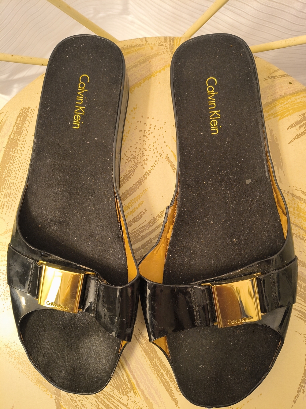Calvin Klein Black Patent Slide Sandals with Gold Accent